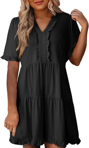 Mini Dresses for Women Summer Casual V Neck Dress Short Sleeve A Line Flowy Swing Shift Dress Plus Size Sundress