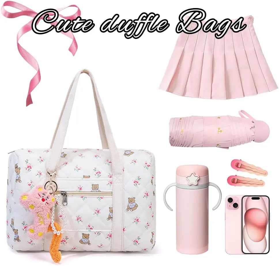 Mini Gym Bag for Women,Floral Quilted Duffel Bag Cute Flirty Aesthetic Tote Handbag Workout Sport Carry On Tote