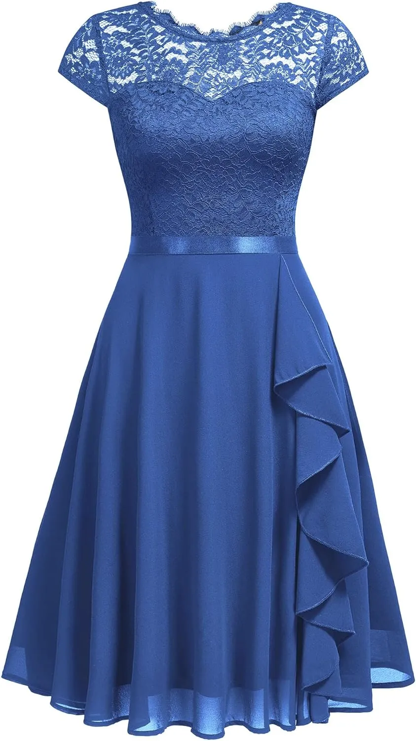 MISSMAY Women's Vintage Lace Contrast Chiffon Ruffle Classy Formal Prom Dress