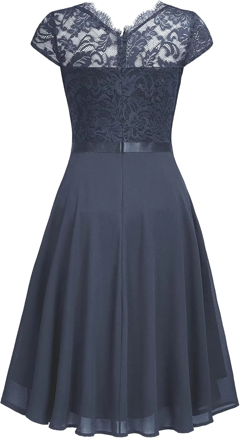 MISSMAY Women's Vintage Lace Contrast Chiffon Ruffle Classy Formal Prom Dress