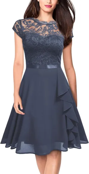 MISSMAY Women's Vintage Lace Contrast Chiffon Ruffle Classy Formal Prom Dress