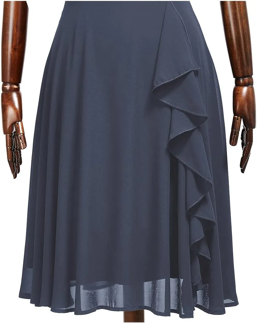 MISSMAY Women's Vintage Lace Contrast Chiffon Ruffle Classy Formal Prom Dress