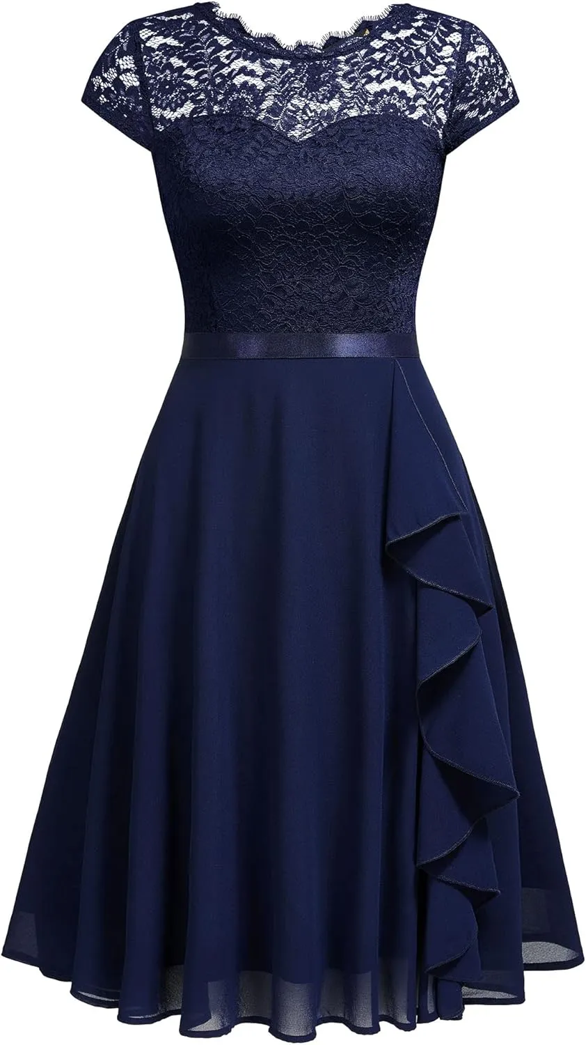 MISSMAY Women's Vintage Lace Contrast Chiffon Ruffle Classy Formal Prom Dress