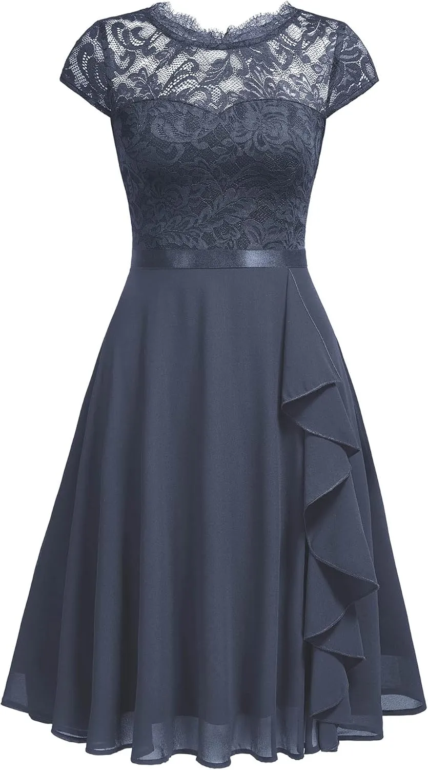 MISSMAY Women's Vintage Lace Contrast Chiffon Ruffle Classy Formal Prom Dress