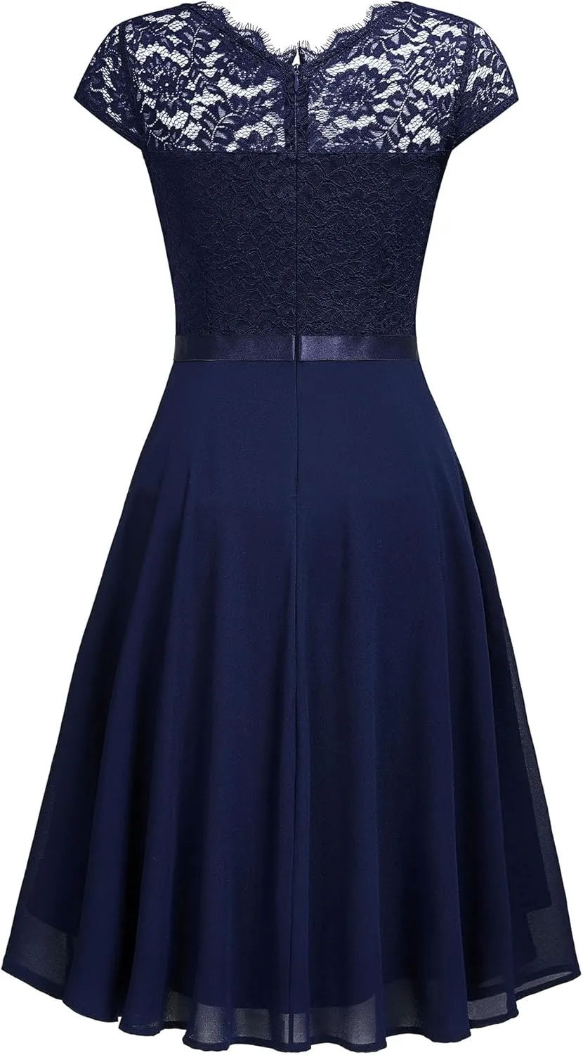 MISSMAY Women's Vintage Lace Contrast Chiffon Ruffle Classy Formal Prom Dress