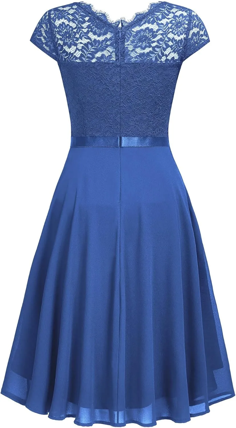 MISSMAY Women's Vintage Lace Contrast Chiffon Ruffle Classy Formal Prom Dress