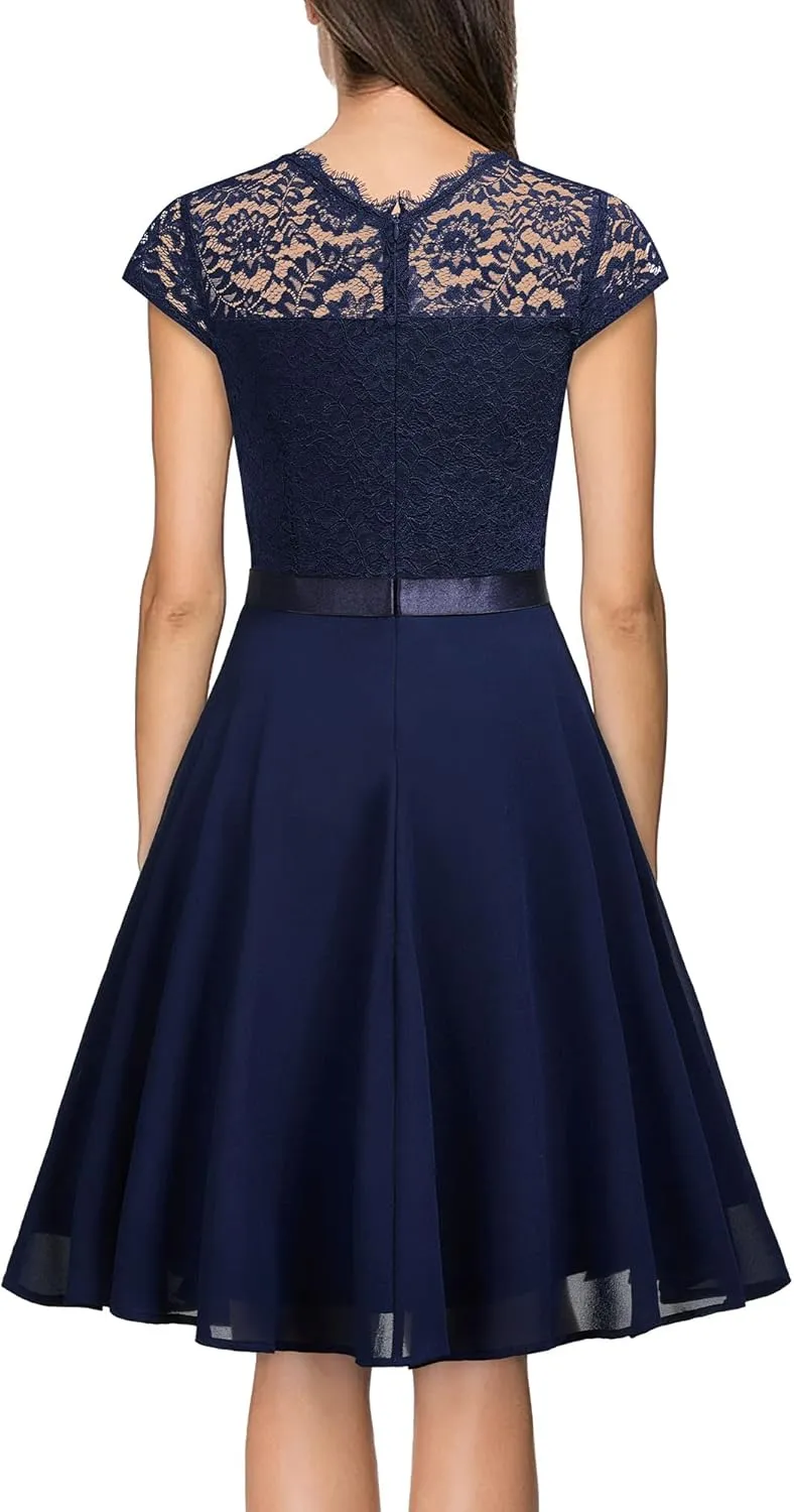 MISSMAY Women's Vintage Lace Contrast Chiffon Ruffle Classy Formal Prom Dress
