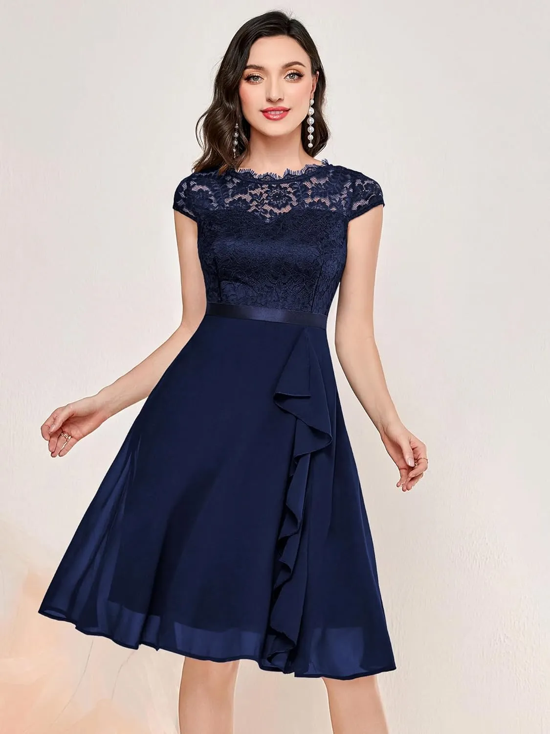 MISSMAY Women's Vintage Lace Contrast Chiffon Ruffle Classy Formal Prom Dress