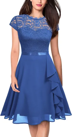 MISSMAY Women's Vintage Lace Contrast Chiffon Ruffle Classy Formal Prom Dress