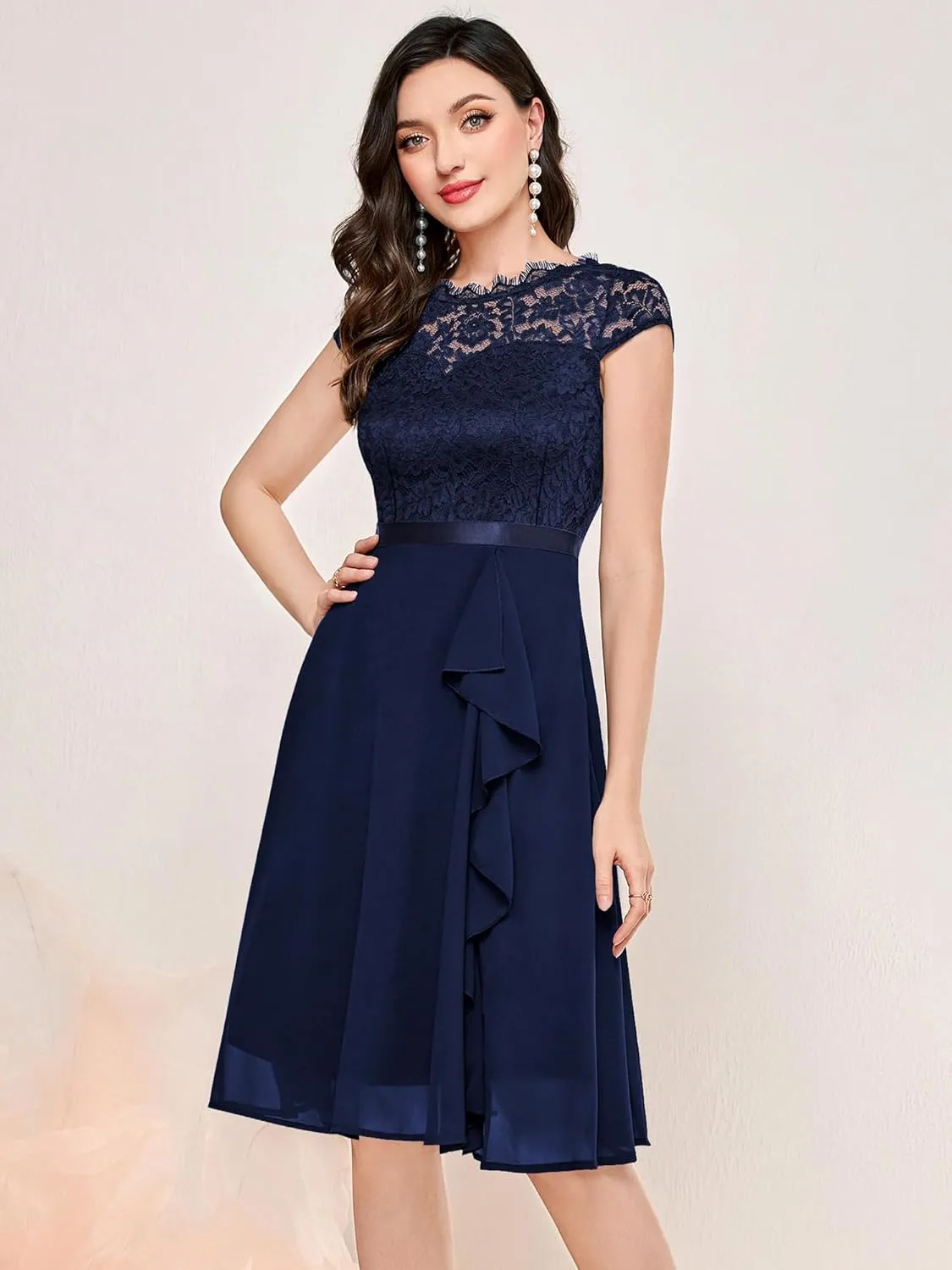 MISSMAY Women's Vintage Lace Contrast Chiffon Ruffle Classy Formal Prom Dress