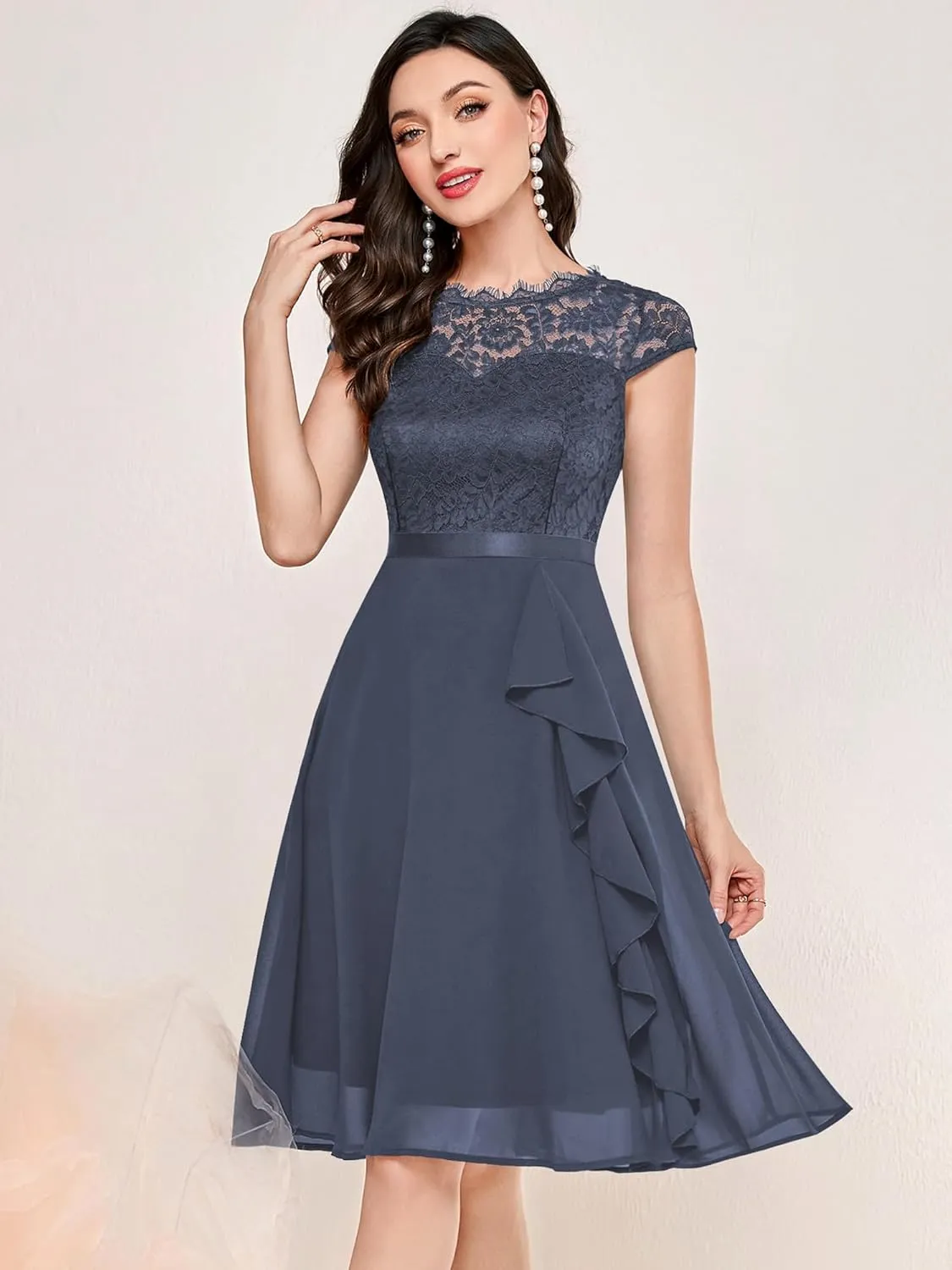 MISSMAY Women's Vintage Lace Contrast Chiffon Ruffle Classy Formal Prom Dress