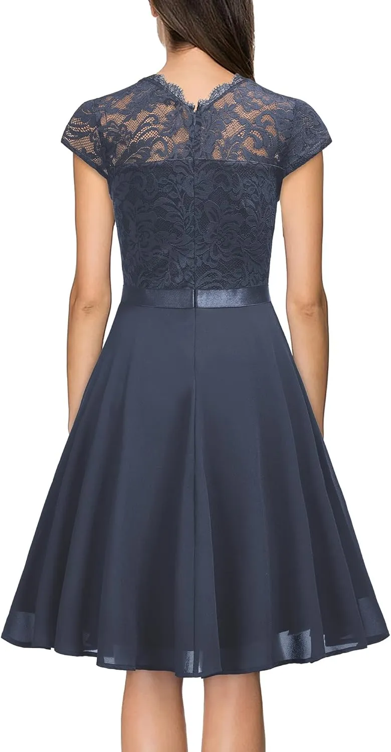 MISSMAY Women's Vintage Lace Contrast Chiffon Ruffle Classy Formal Prom Dress