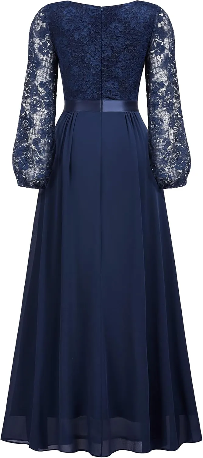Miusol Women's Wedding Guest A-Line Dress Floral Lace Deep V Neck Long Sleeve Formal Evening Gown
