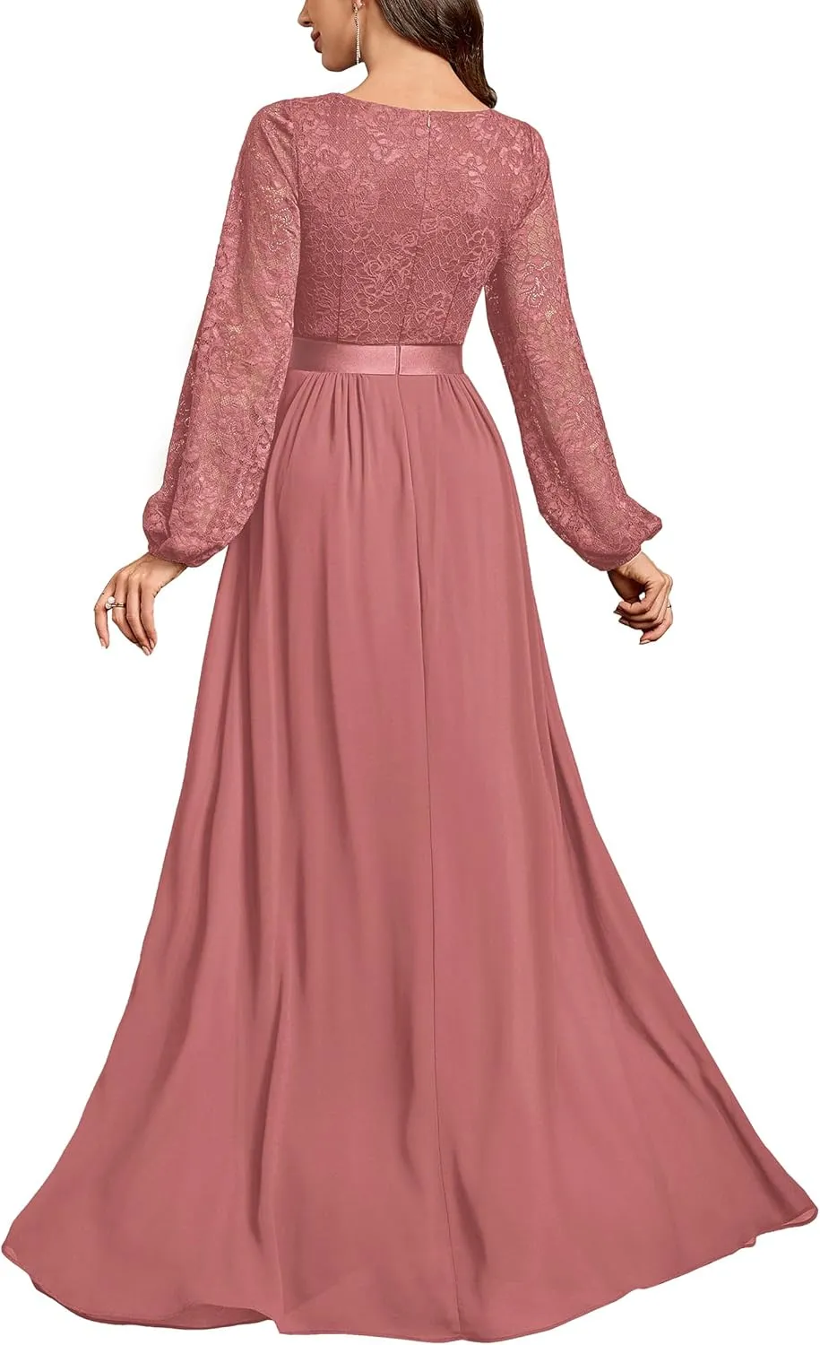Miusol Women's Wedding Guest A-Line Dress Floral Lace Deep V Neck Long Sleeve Formal Evening Gown