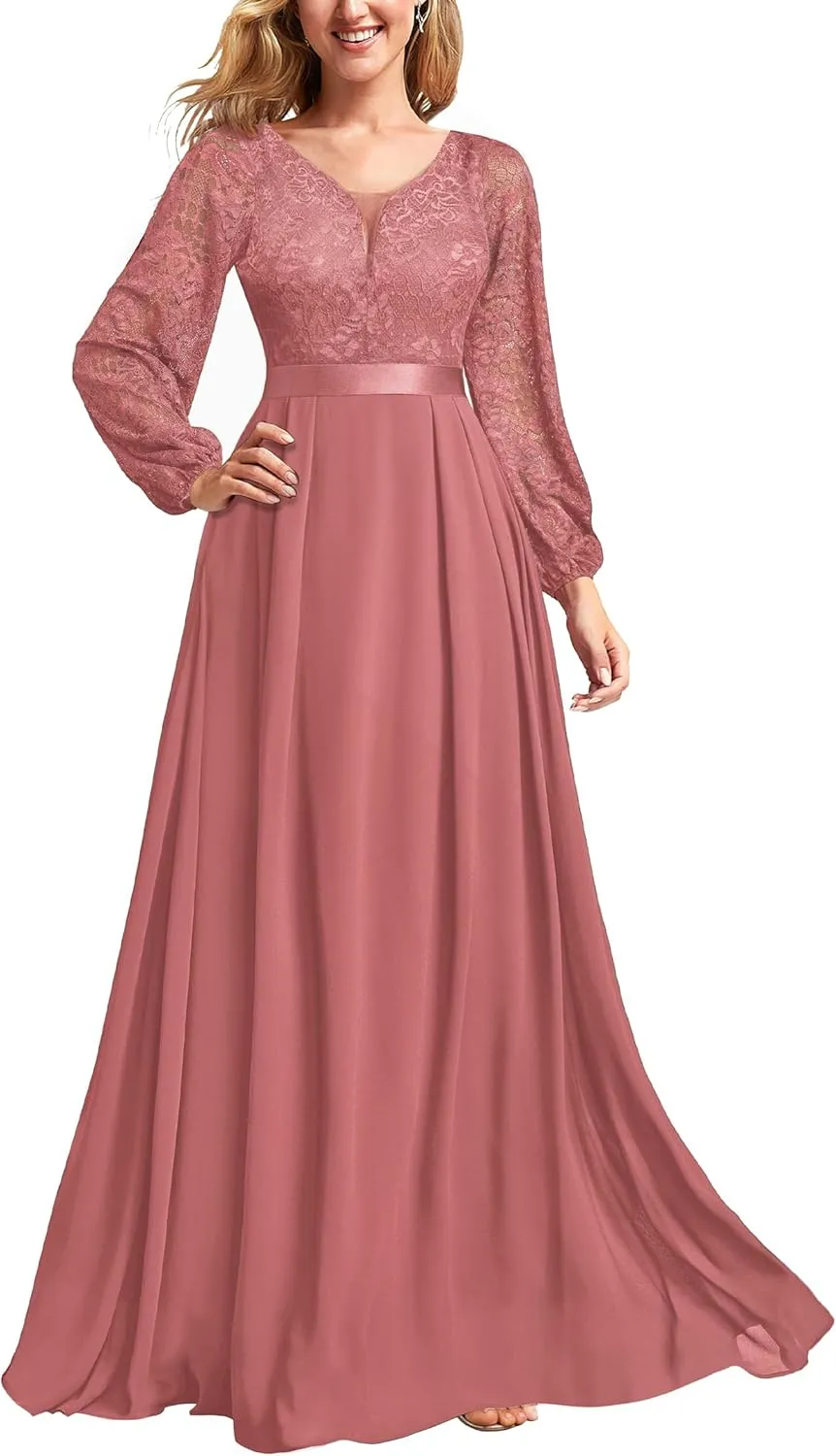 Miusol Women's Wedding Guest A-Line Dress Floral Lace Deep V Neck Long Sleeve Formal Evening Gown