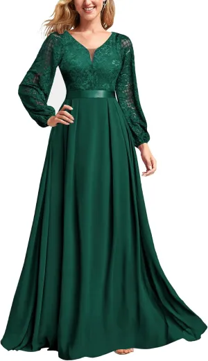 Miusol Women's Wedding Guest A-Line Dress Floral Lace Deep V Neck Long Sleeve Formal Evening Gown