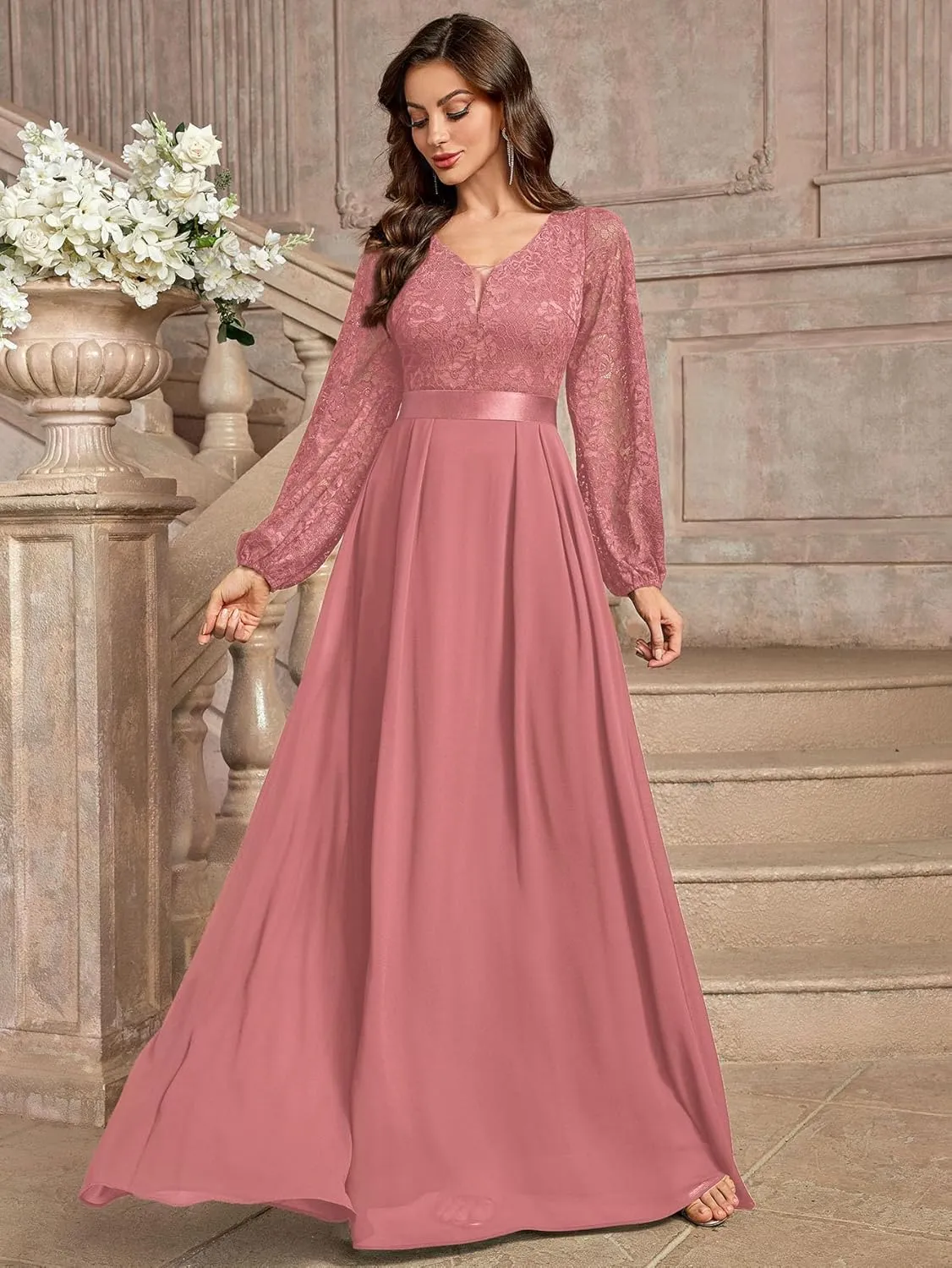 Miusol Women's Wedding Guest A-Line Dress Floral Lace Deep V Neck Long Sleeve Formal Evening Gown