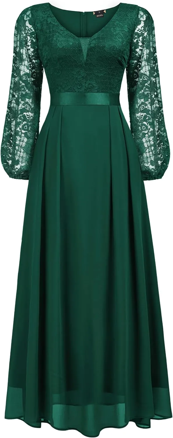 Miusol Women's Wedding Guest A-Line Dress Floral Lace Deep V Neck Long Sleeve Formal Evening Gown