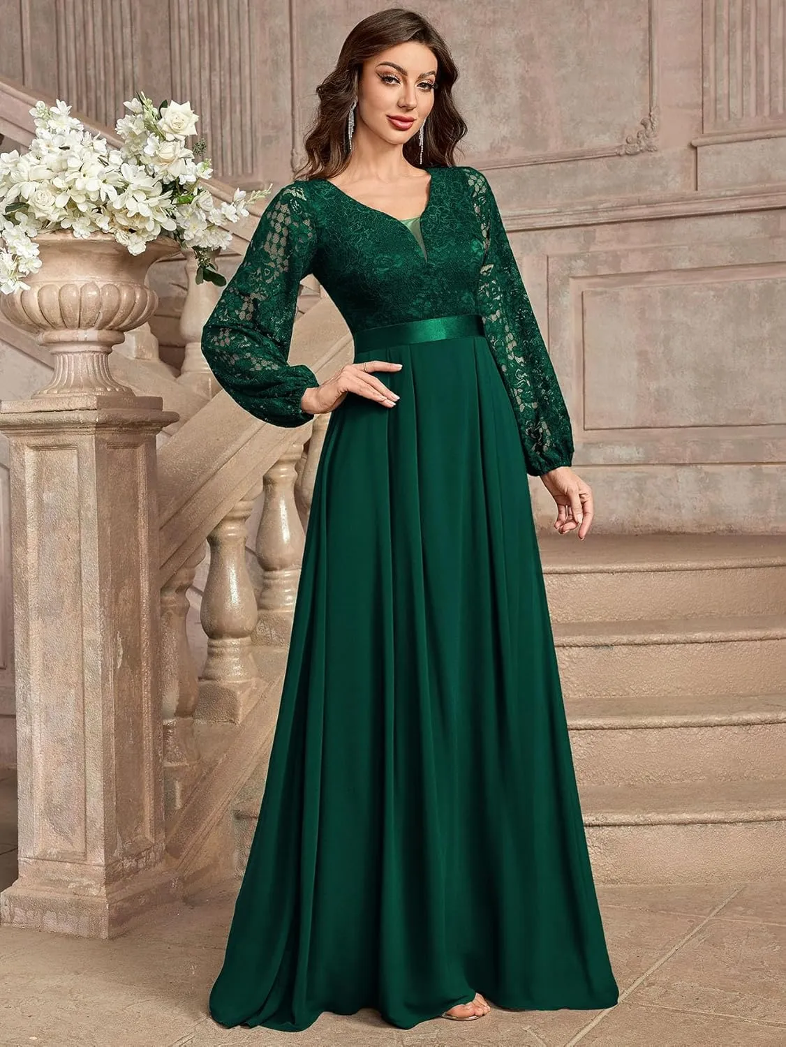 Miusol Women's Wedding Guest A-Line Dress Floral Lace Deep V Neck Long Sleeve Formal Evening Gown