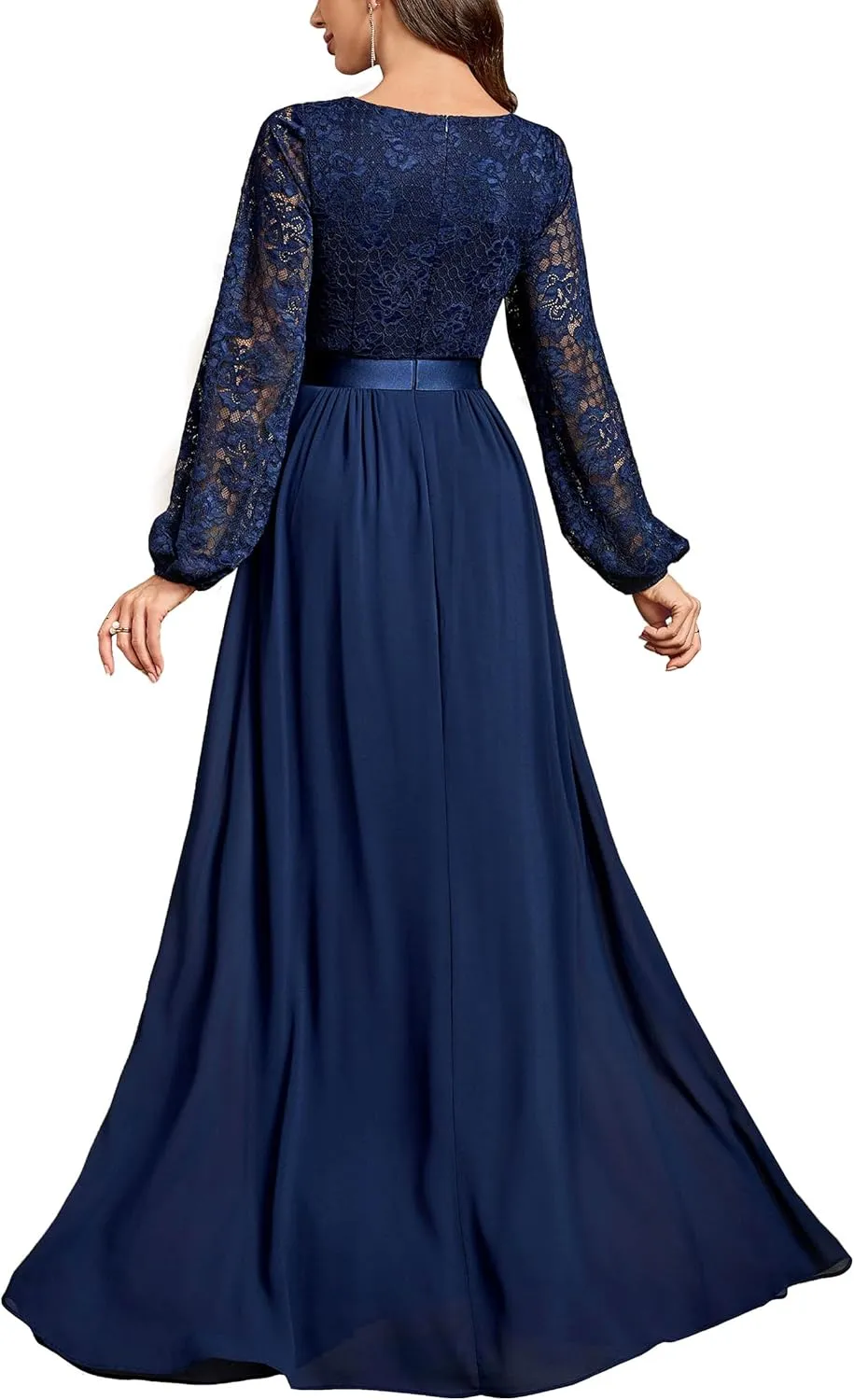 Miusol Women's Wedding Guest A-Line Dress Floral Lace Deep V Neck Long Sleeve Formal Evening Gown