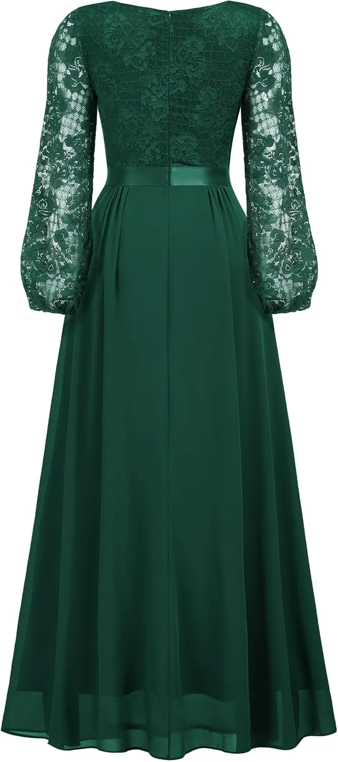 Miusol Women's Wedding Guest A-Line Dress Floral Lace Deep V Neck Long Sleeve Formal Evening Gown