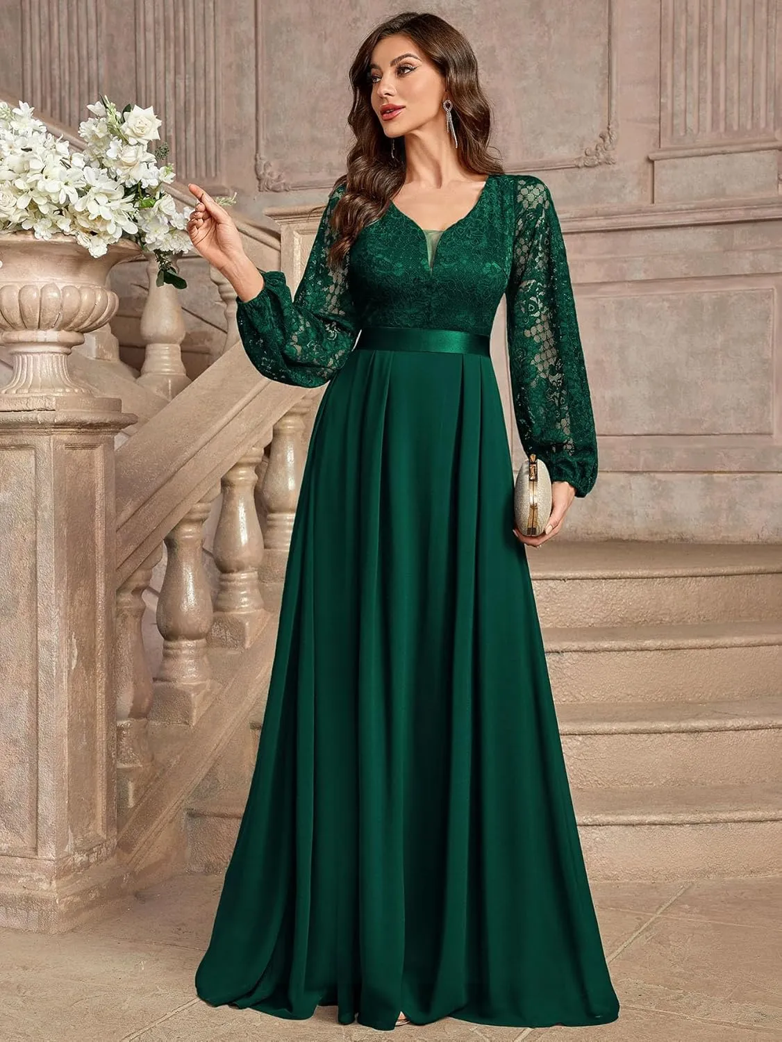 Miusol Women's Wedding Guest A-Line Dress Floral Lace Deep V Neck Long Sleeve Formal Evening Gown