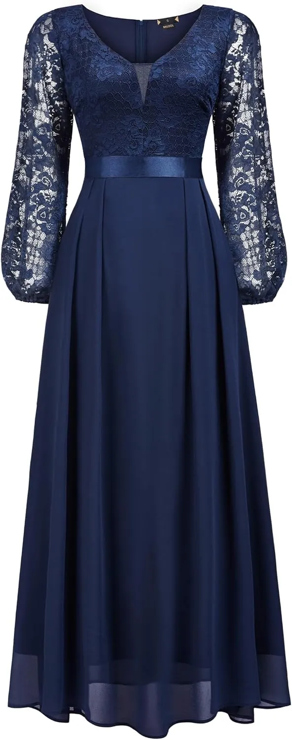 Miusol Women's Wedding Guest A-Line Dress Floral Lace Deep V Neck Long Sleeve Formal Evening Gown