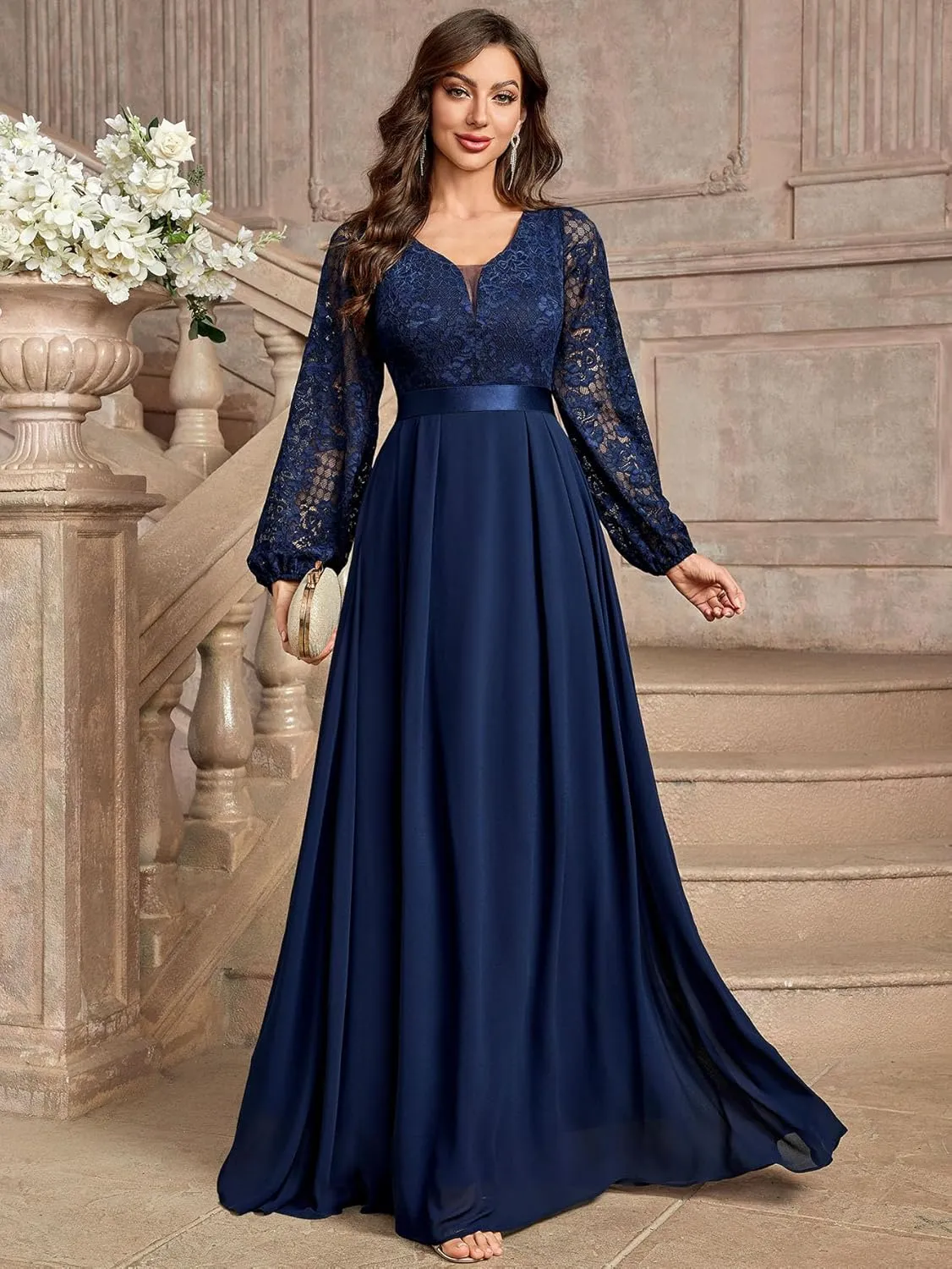 Miusol Women's Wedding Guest A-Line Dress Floral Lace Deep V Neck Long Sleeve Formal Evening Gown
