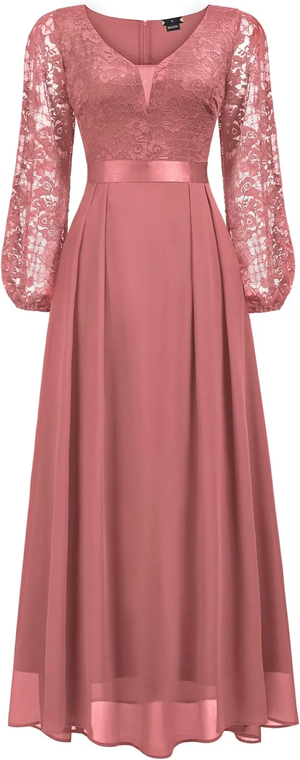 Miusol Women's Wedding Guest A-Line Dress Floral Lace Deep V Neck Long Sleeve Formal Evening Gown