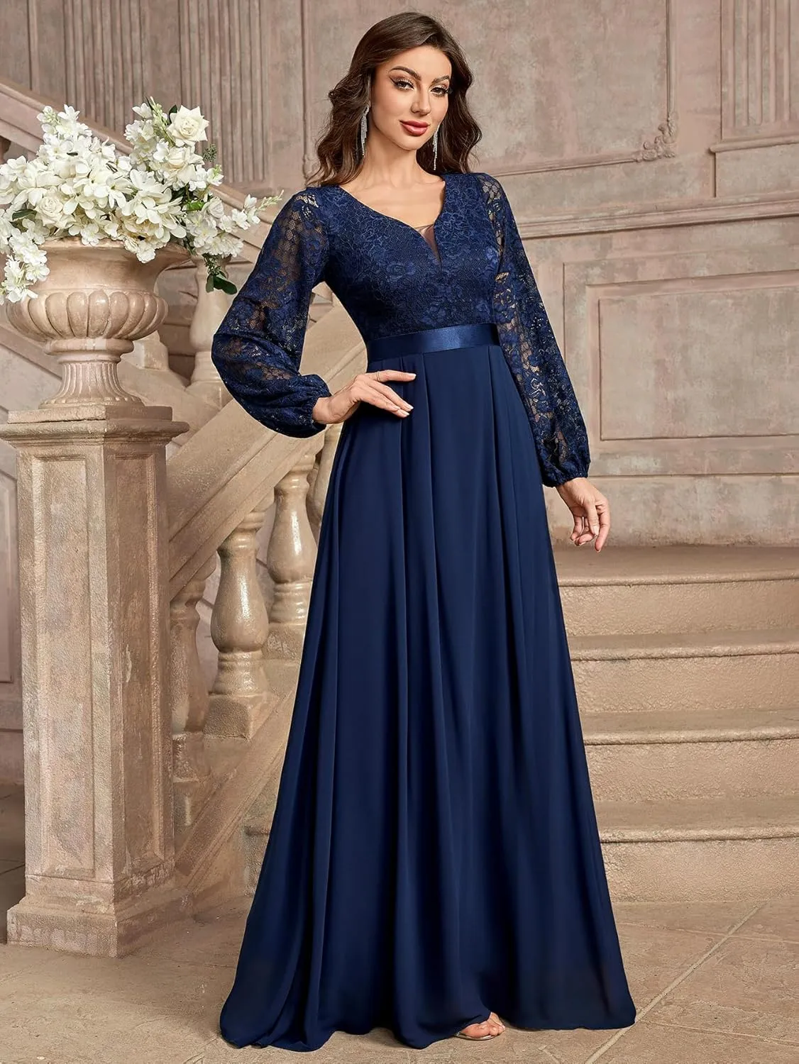 Miusol Women's Wedding Guest A-Line Dress Floral Lace Deep V Neck Long Sleeve Formal Evening Gown
