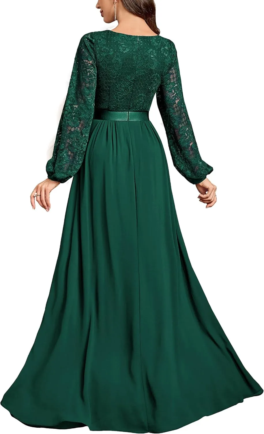 Miusol Women's Wedding Guest A-Line Dress Floral Lace Deep V Neck Long Sleeve Formal Evening Gown