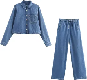 Mnjyihy Women's Denim Shirt Set Casual Short Single-Breasted Denim Shirt High-Waisted Wide-Leg Pants Set