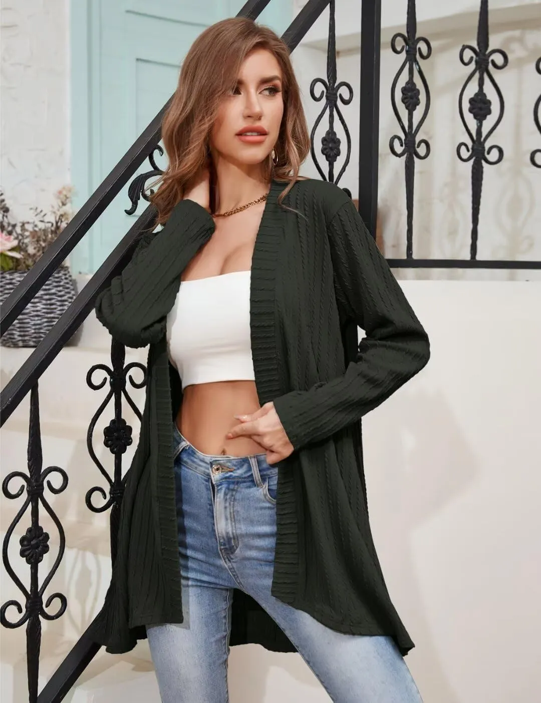 MONNURO Plus Size Women's Lightweight Open Front Cardigan Sweaters with High-Low Hem