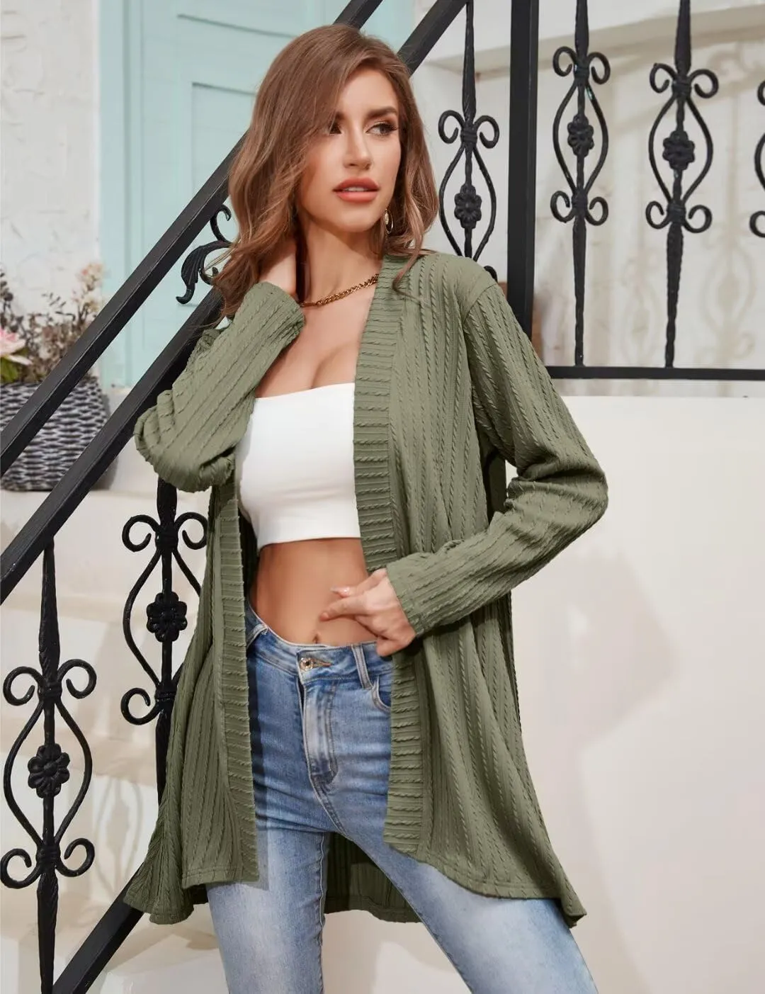 MONNURO Plus Size Women's Lightweight Open Front Cardigan Sweaters with High-Low Hem