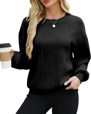 NANYUAYA Womens Oversized Sweatshirts Hoodies Textured Crew Neck Knit Solid Loose Pullover Sweaters Long Sleeve Shirt 2024