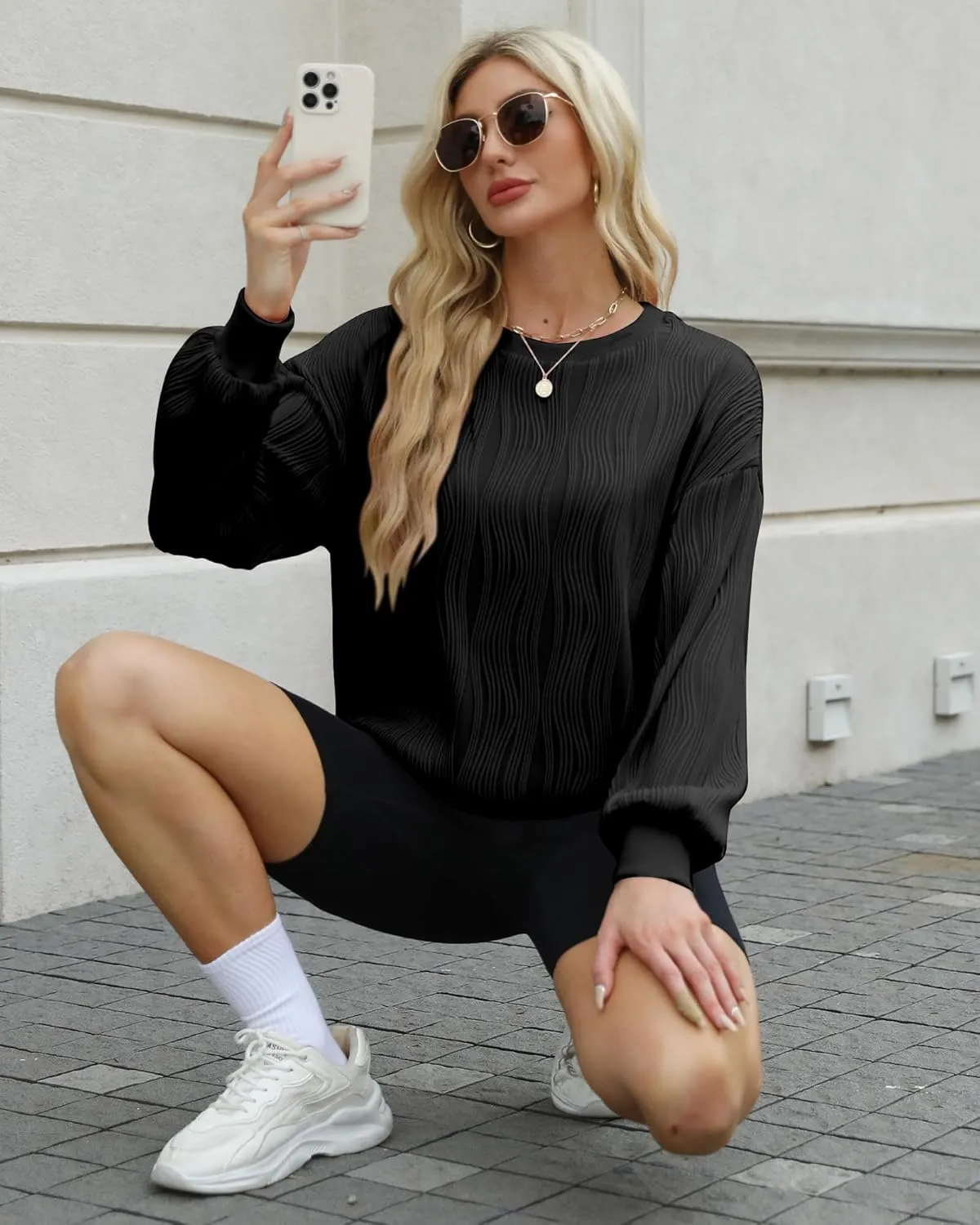 NANYUAYA Womens Oversized Sweatshirts Hoodies Textured Crew Neck Knit Solid Loose Pullover Sweaters Long Sleeve Shirt 2024