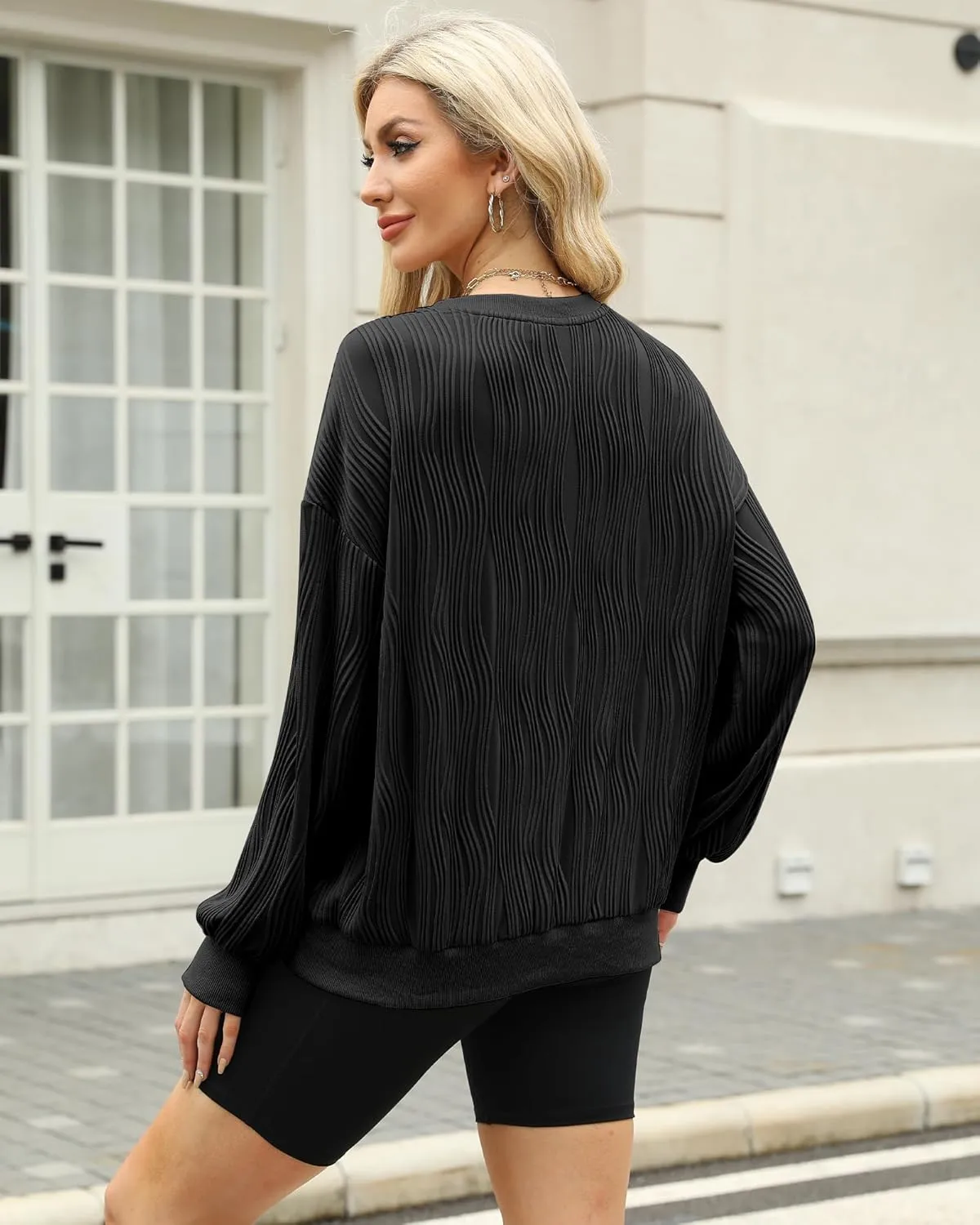 NANYUAYA Womens Oversized Sweatshirts Hoodies Textured Crew Neck Knit Solid Loose Pullover Sweaters Long Sleeve Shirt 2024