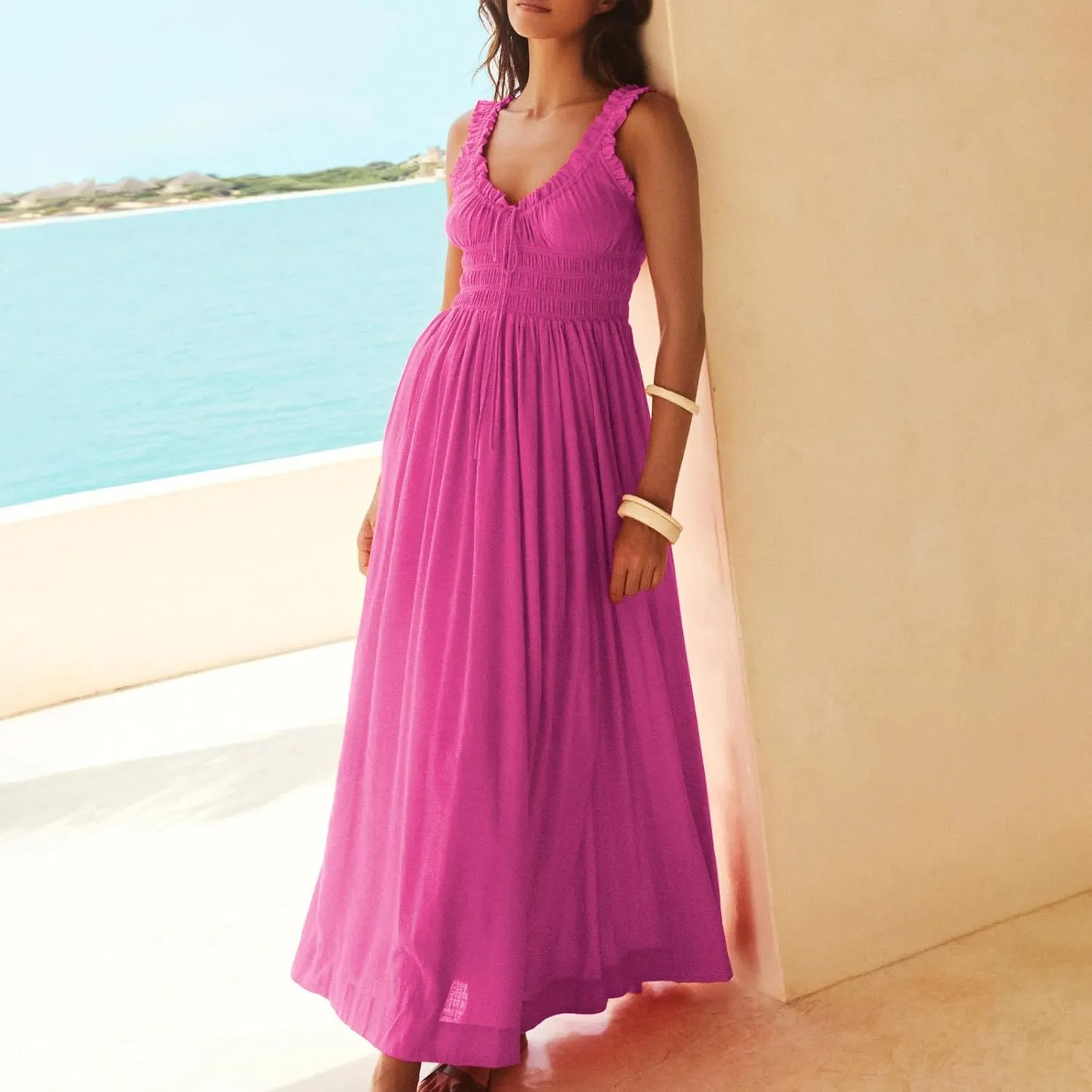 NaRHbrg Women's Smocked Ruffle Strap Maxi Dress Sleeveless Flowy Long Sundress Summer Beach Casual Dresses