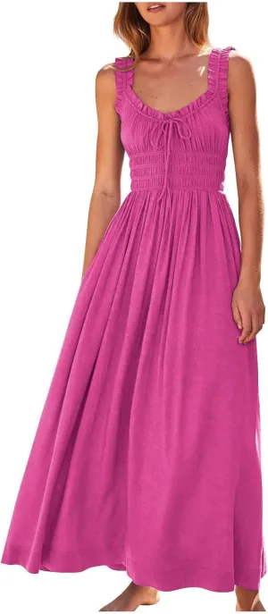 NaRHbrg Women's Smocked Ruffle Strap Maxi Dress Sleeveless Flowy Long Sundress Summer Beach Casual Dresses