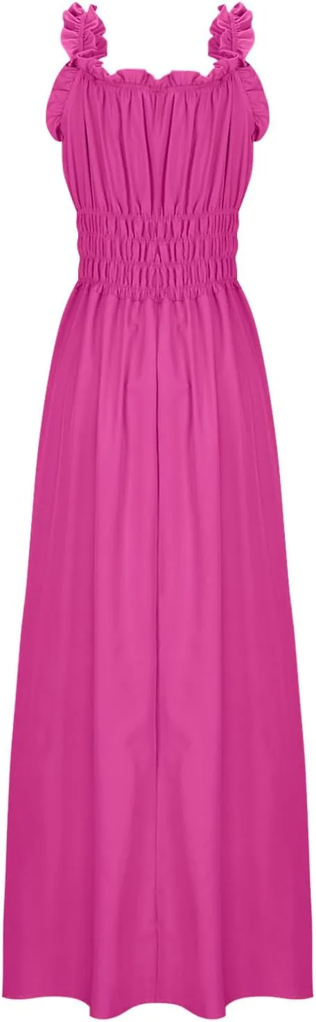NaRHbrg Women's Smocked Ruffle Strap Maxi Dress Sleeveless Flowy Long Sundress Summer Beach Casual Dresses