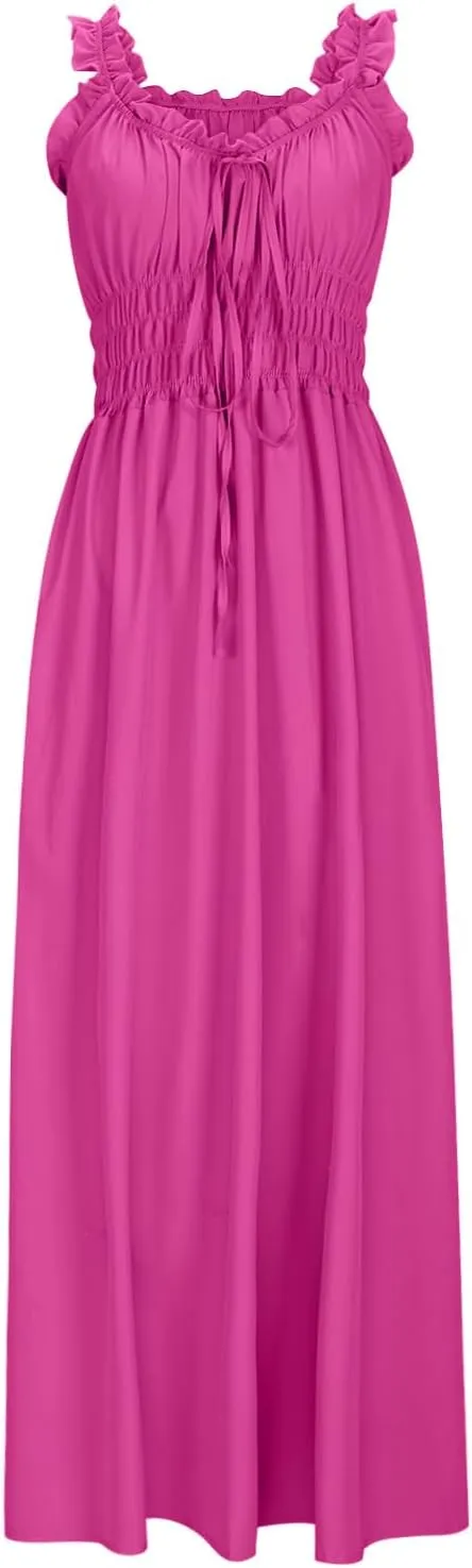 NaRHbrg Women's Smocked Ruffle Strap Maxi Dress Sleeveless Flowy Long Sundress Summer Beach Casual Dresses