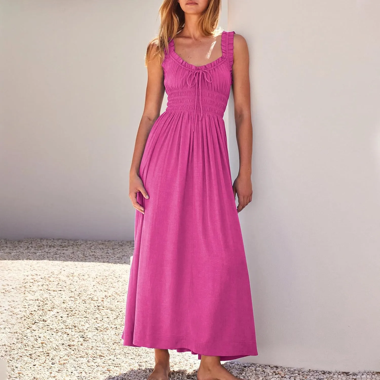 NaRHbrg Women's Smocked Ruffle Strap Maxi Dress Sleeveless Flowy Long Sundress Summer Beach Casual Dresses