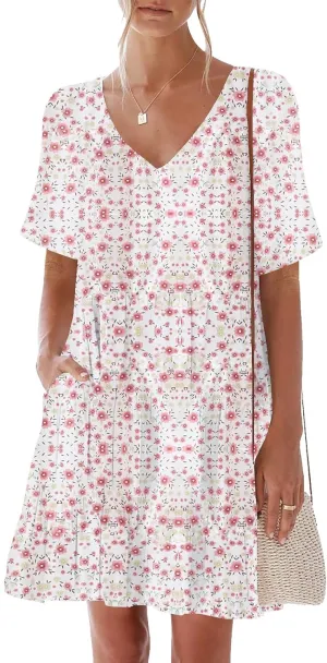 nclook Womens 2025 Summer Casual Dress V Neck Short Sleevele Mini Dress with Pockets