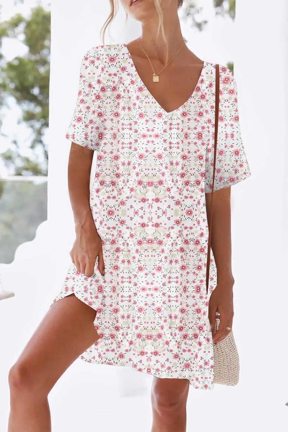 nclook Womens 2025 Summer Casual Dress V Neck Short Sleevele Mini Dress with Pockets