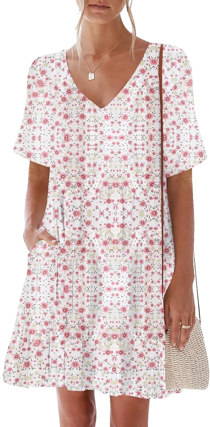 nclook Womens 2025 Summer Casual Dress V Neck Short Sleevele Mini Dress with Pockets