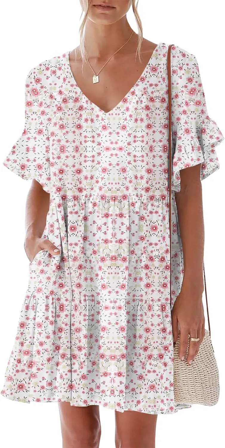 nclook Womens Summer Casual Dress Sweet Cute V Neck Mini Dress with Pocket