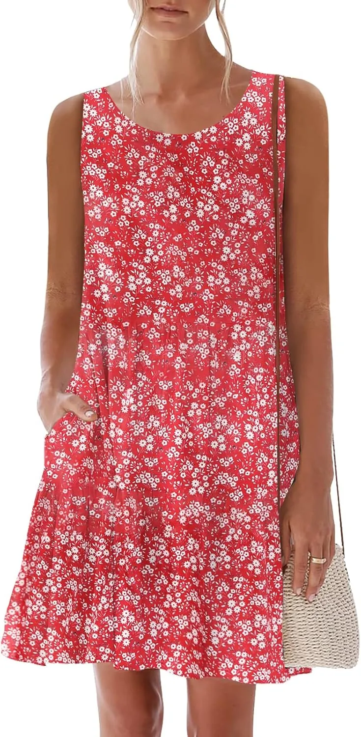 nclook Womens Summer Casual Dresses Sweet Cute Crewneck Sleeveless Dress with Pockets
