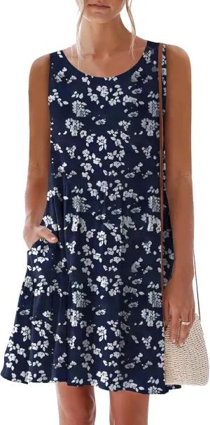 nclook Womens Summer Casual Dresses Sweet Cute Crewneck Sleeveless Dress with Pockets
