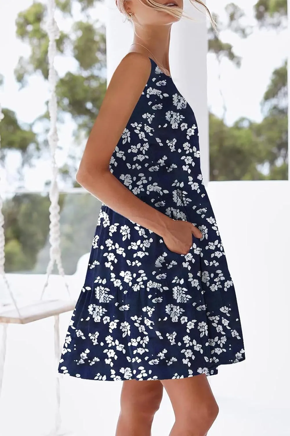 nclook Womens Summer Casual Dresses Sweet Cute Crewneck Sleeveless Dress with Pockets