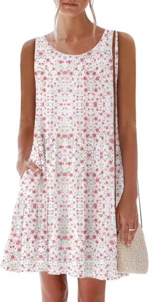 nclook Womens Summer Casual Dresses Sweet Cute Crewneck Sleeveless Dress with Pockets